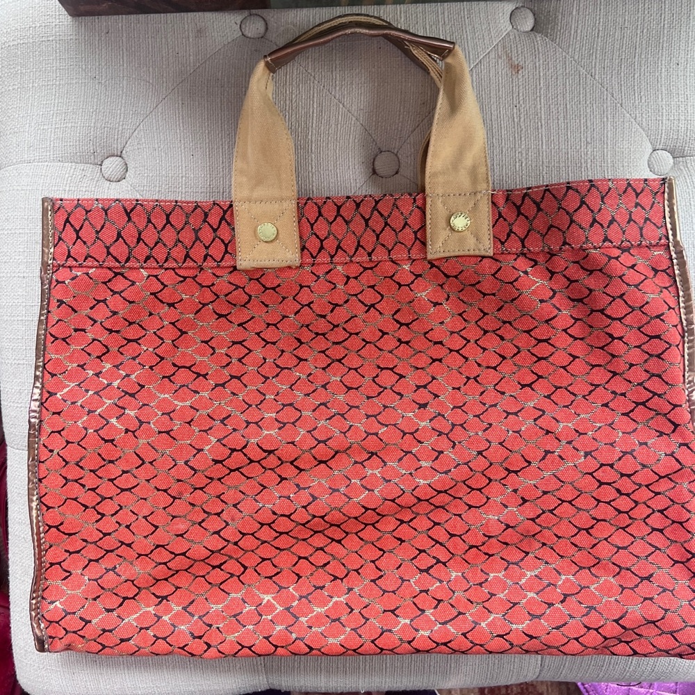 Steve Madden Red Patterned Canvas Tote with Tan Handles